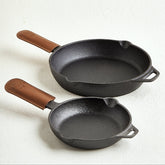 myMayz Cast Iron Set: 2 Skillets with 2 Leather Handle Covers