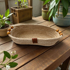 Handmade Woven Cotton Oval Plate with wood décor