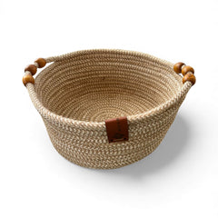 Handmade Woven Cotton Round basket with wood décor