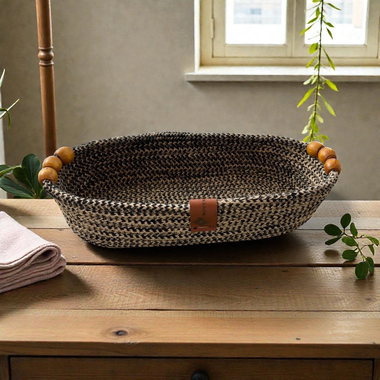 Handmade Woven Cotton Oval Plate with wood décor
