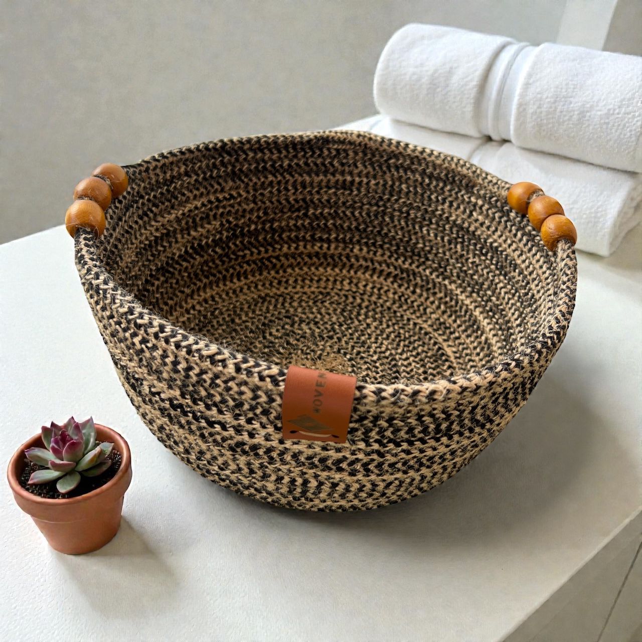 Handmade Woven Cotton Round basket with wood décor