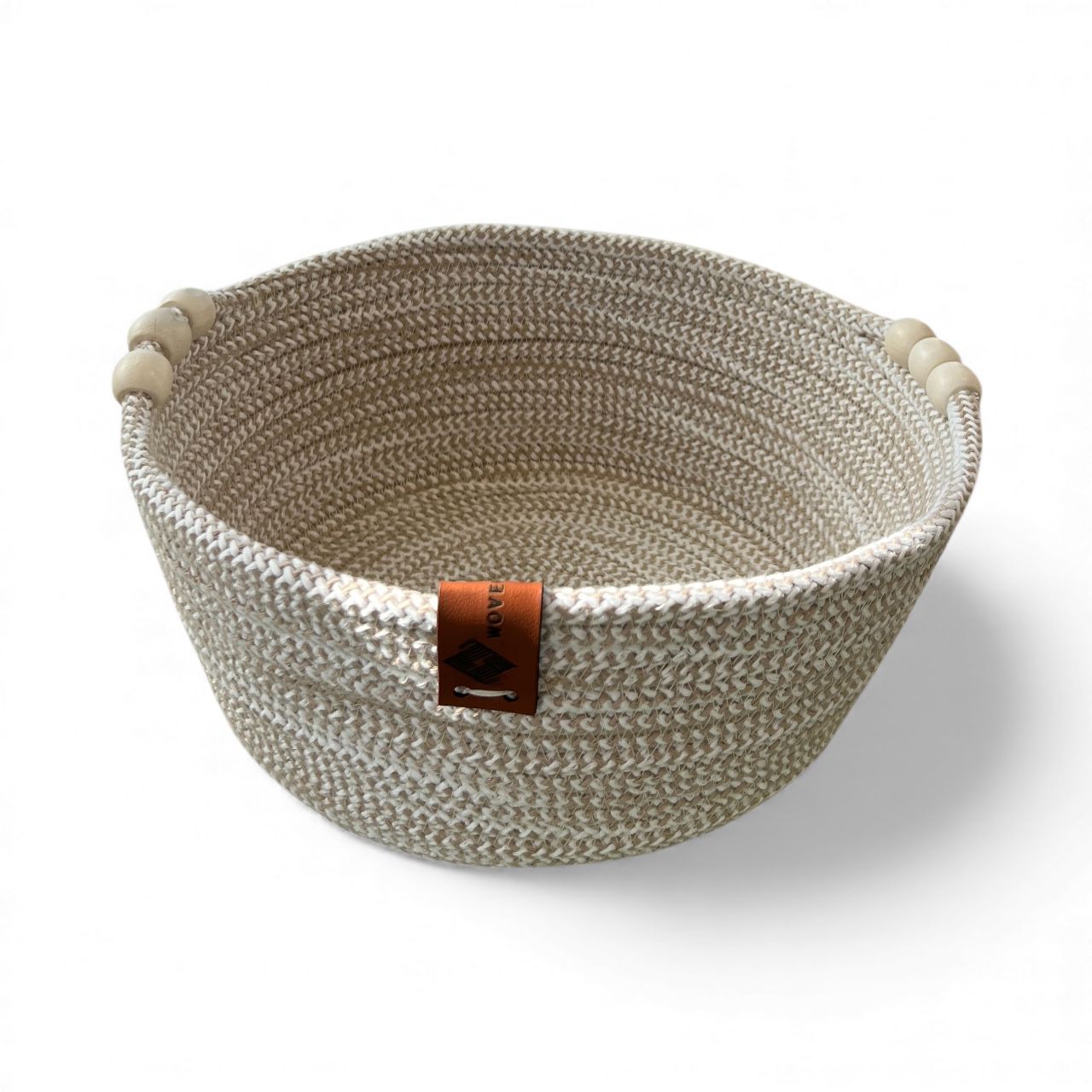 Handmade Woven Cotton Round basket with wood décor