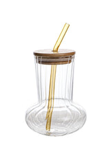 Ribbed Juice Glass With Bamboo Lid And Straw