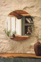 Round Live Edge Wood Wall Mirror - Two Pieces Of Live Edge Wood - With Lightning