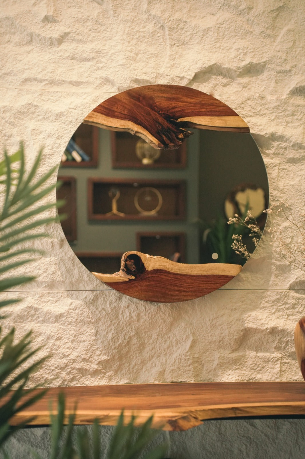 Round Live Edge Wood Wall Mirror - Two Pieces Of Live Edge Wood - With Lightning