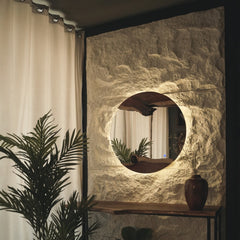 Round Live Edge Wood Wall Mirror - Two Pieces Of Live Edge Wood - With Lightning